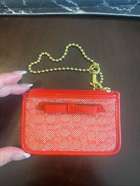 Coach Red Signature Pattern Coin Pouch ID wallet with Bow and Gold Chain